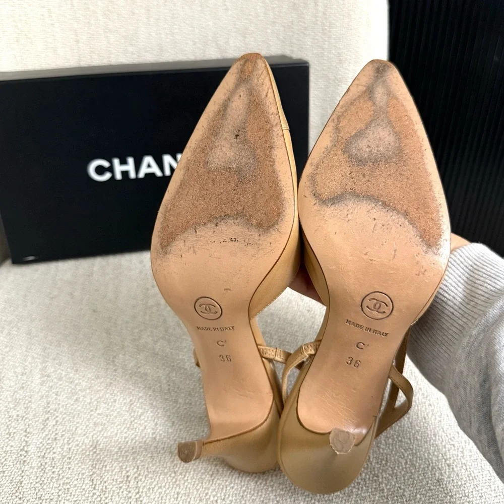 Authentic Chanel slingback pumps beige gold